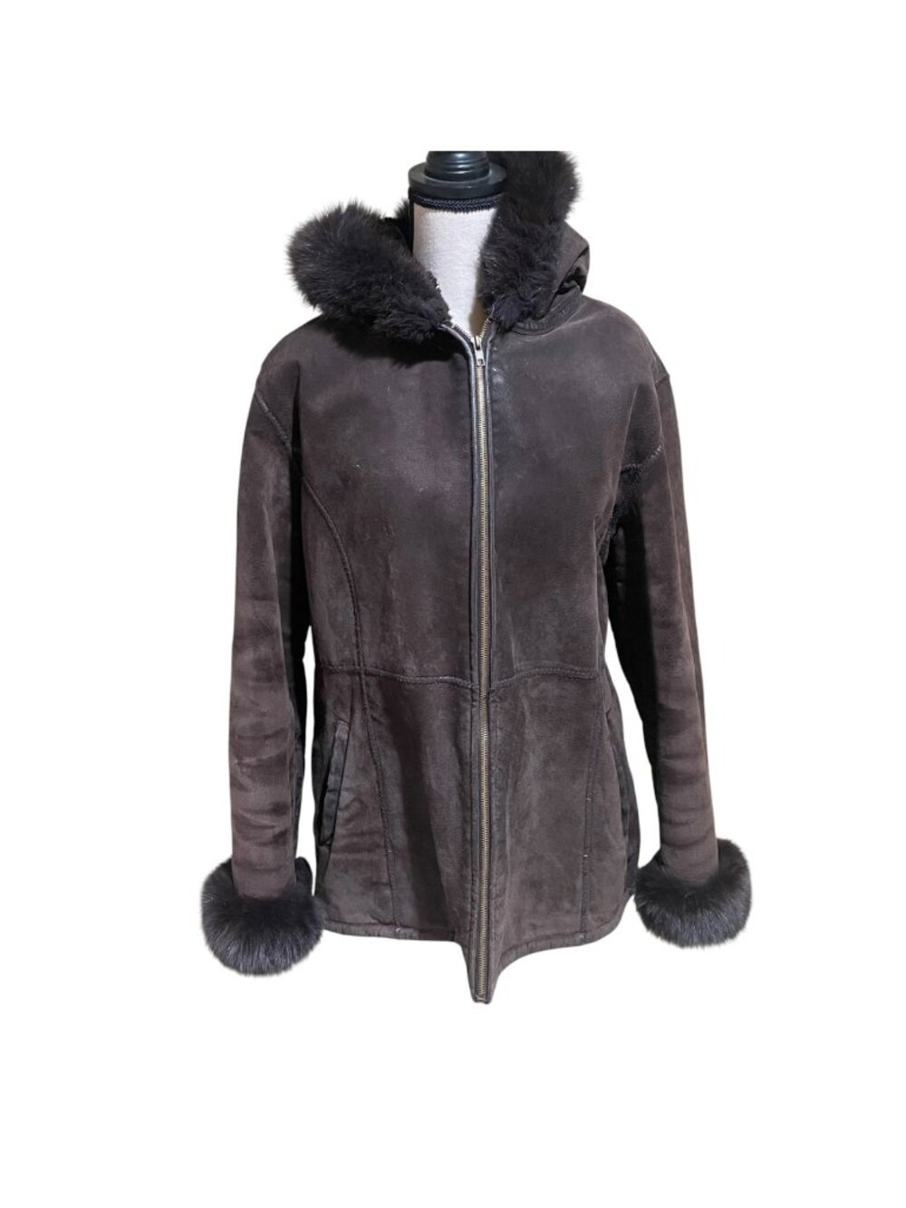 Marvin richards genuine leather coat with fox fur trim